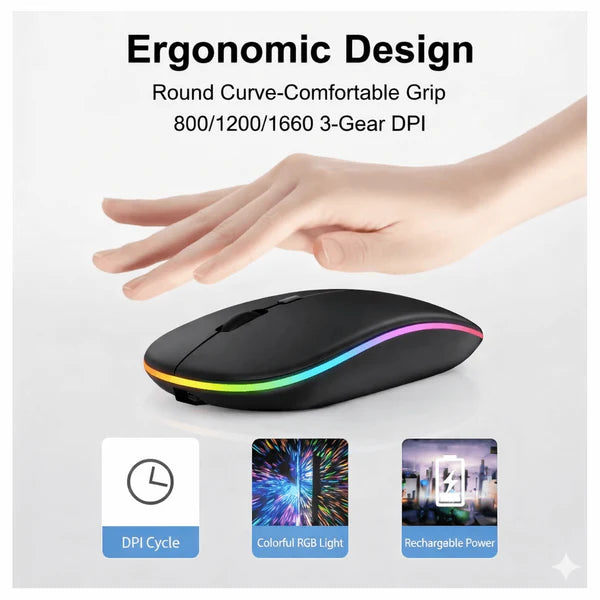 2.4GHz Wireless Rechargeable RGB Optical Mouse – USB Cordless Mouse for PC, Laptop & Mac with Silent Click & Long Battery Life